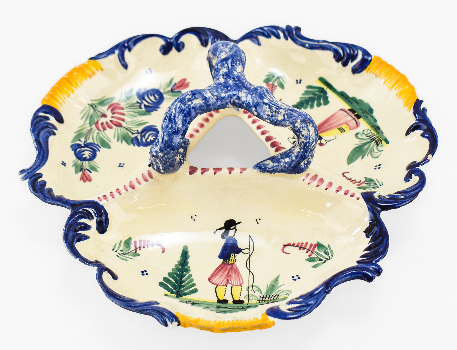 HB FACTORY QUIMPER FRENCH FAIENCE THREE-PART TREFOIL SERVING PLATTER