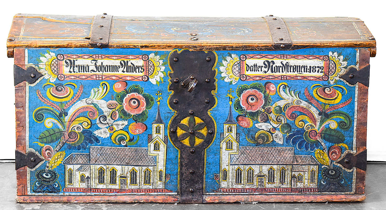1872 INSCRIBED NORWEGIAN OS-STYLE ROSEMAILING FOLK ART DOWRY CHEST