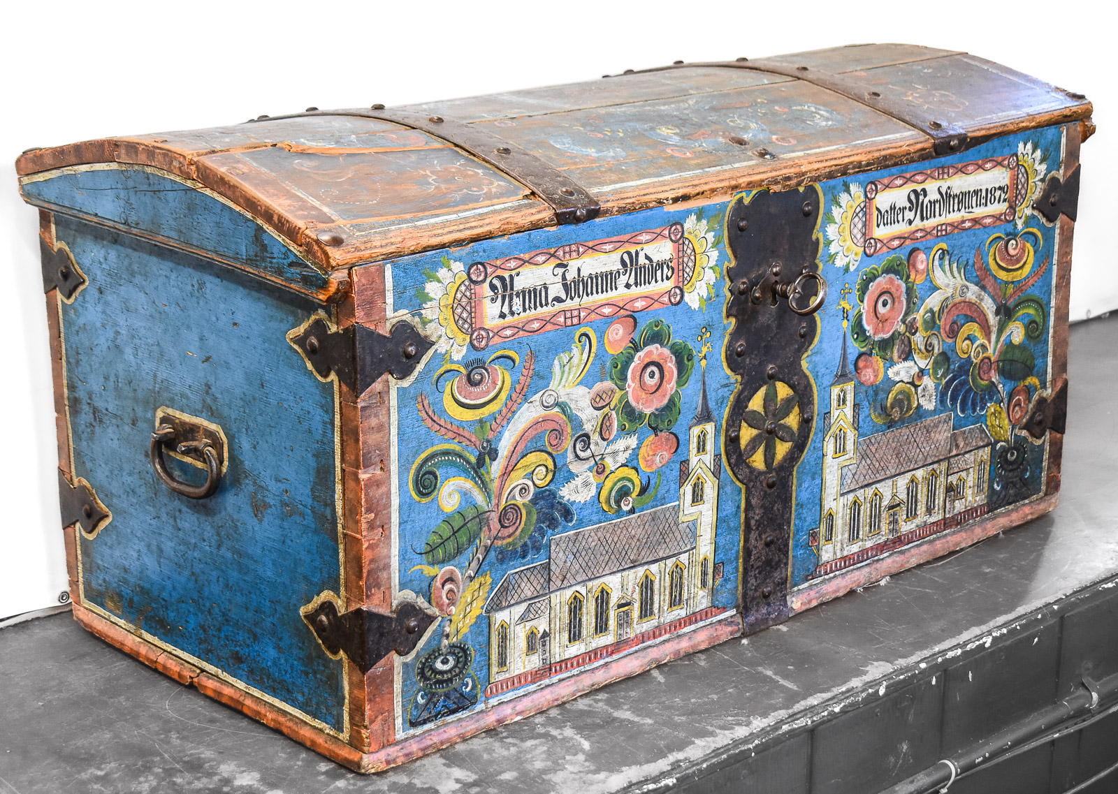 1872 INSCRIBED NORWEGIAN OS-STYLE ROSEMAILING FOLK ART DOWRY CHEST