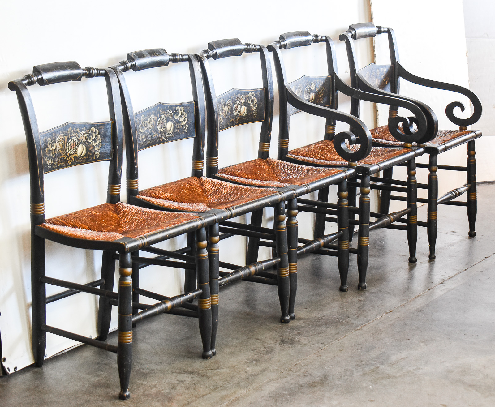 FIVE AMERICAN HITCHCOCK STYLE STENCILED EBONIZED CHAIRS