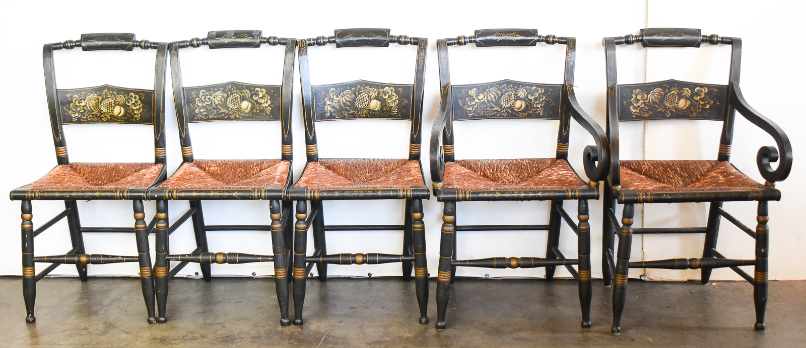 FIVE AMERICAN HITCHCOCK STYLE STENCILED EBONIZED CHAIRS