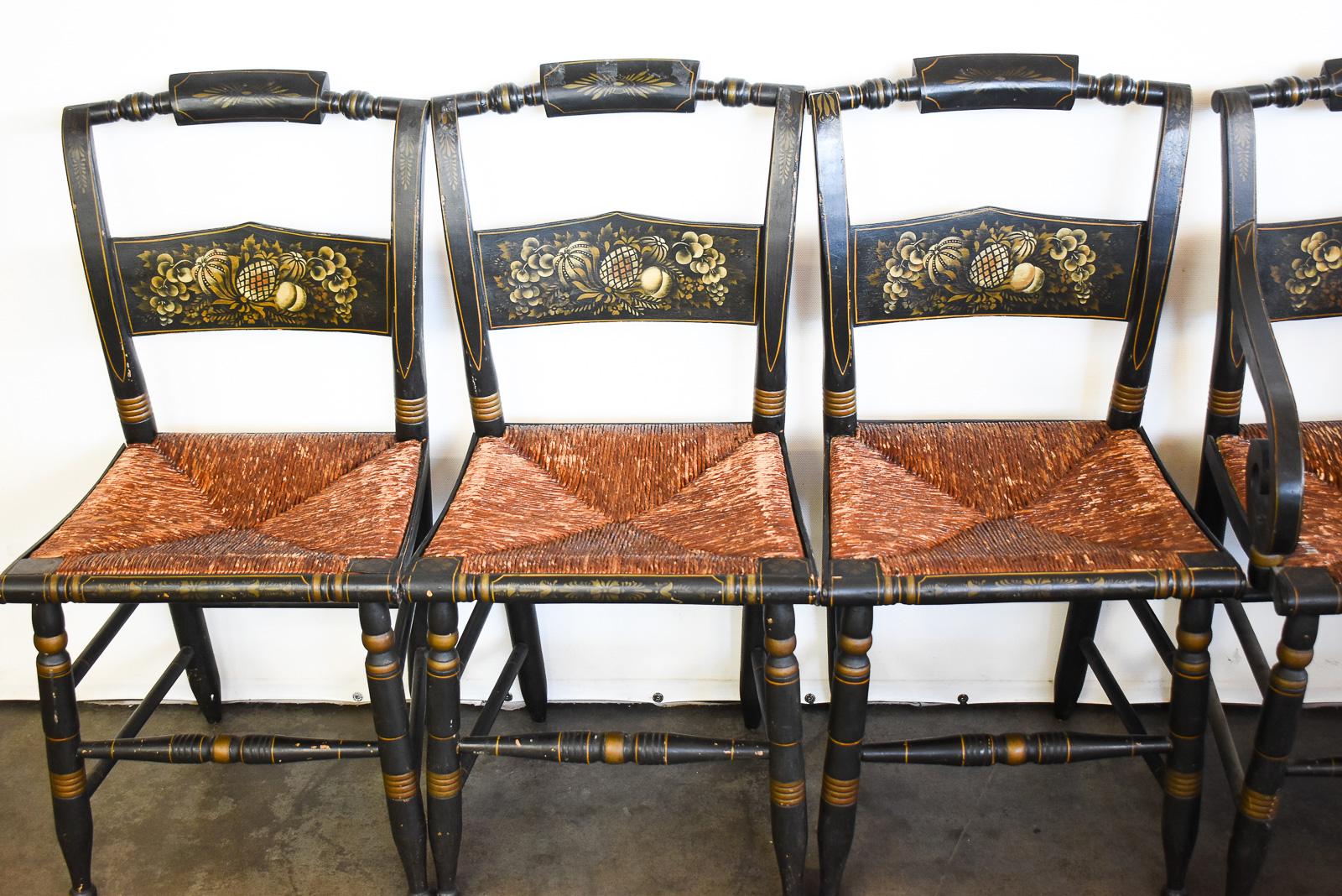FIVE AMERICAN HITCHCOCK STYLE STENCILED EBONIZED CHAIRS