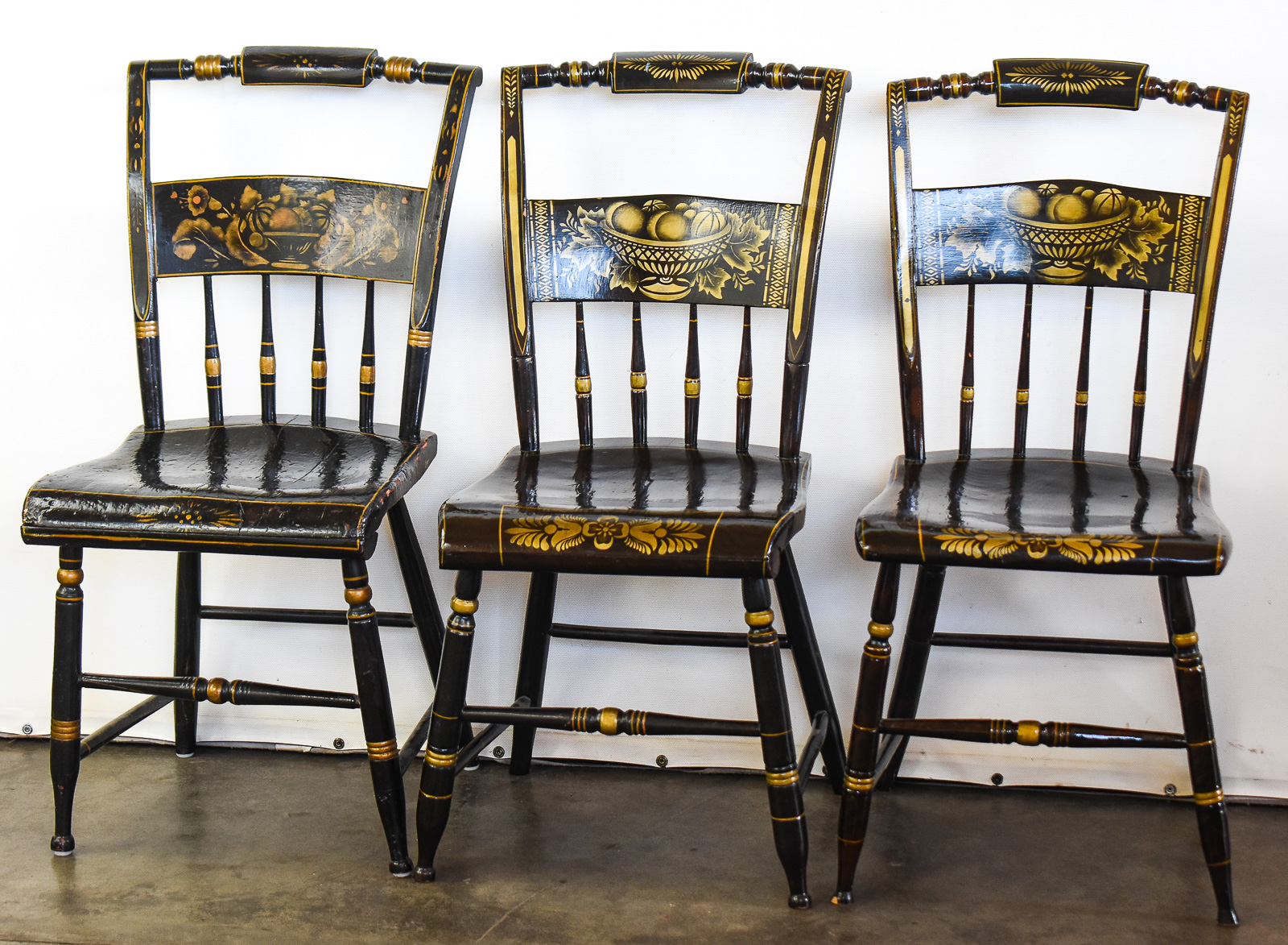 SET OF THREE WOODEN HITCHCOCK STYLE CHAIRS