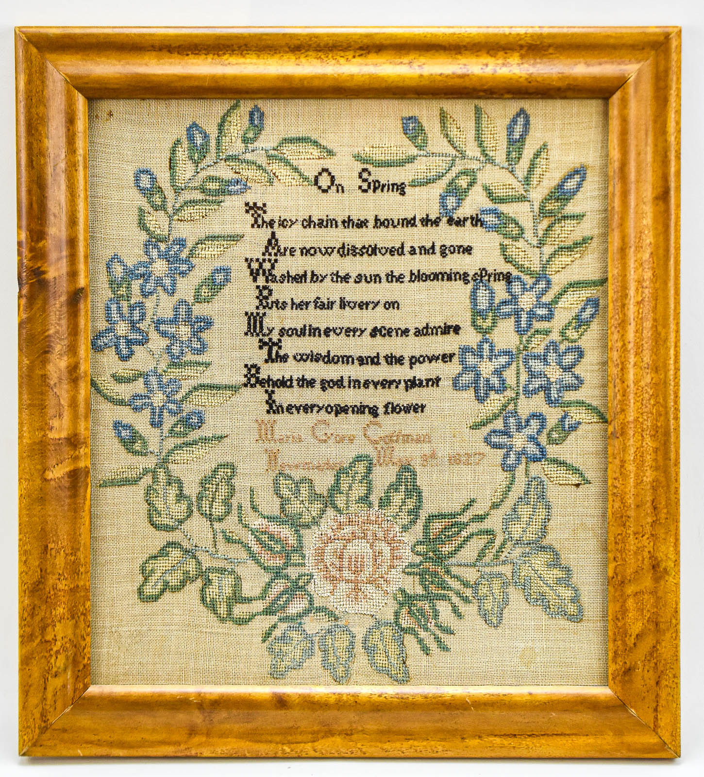 1827 SCHOOLGIRL NEEDLEWORK CROSS-STITCH SAMPLER WITH "ON SPRING" POEM