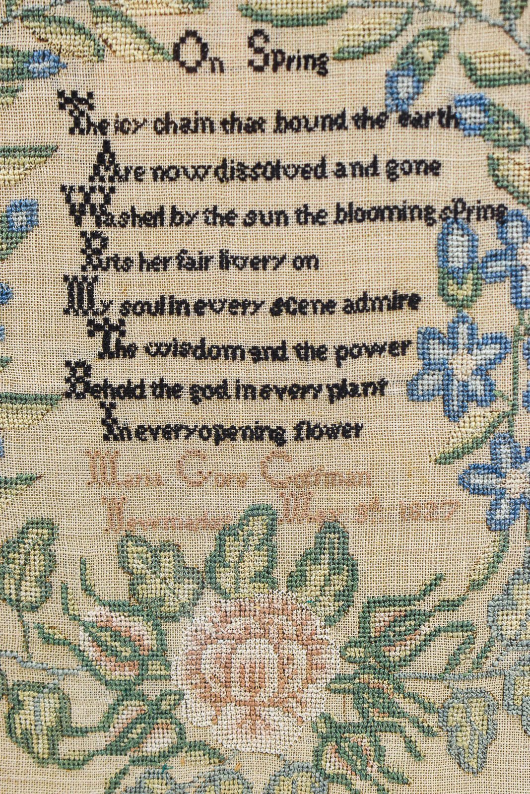 1827 SCHOOLGIRL NEEDLEWORK CROSS-STITCH SAMPLER WITH "ON SPRING" POEM