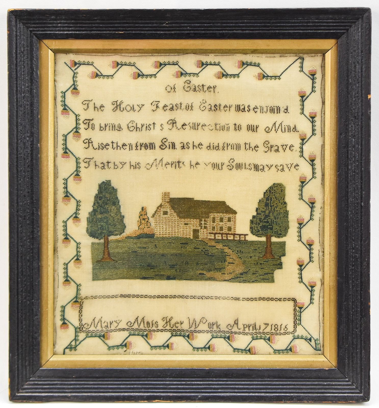 1816 SCHOOLGIRL PICTORIAL NEEDLEWORK SAMPLER WITH EASTER POEM