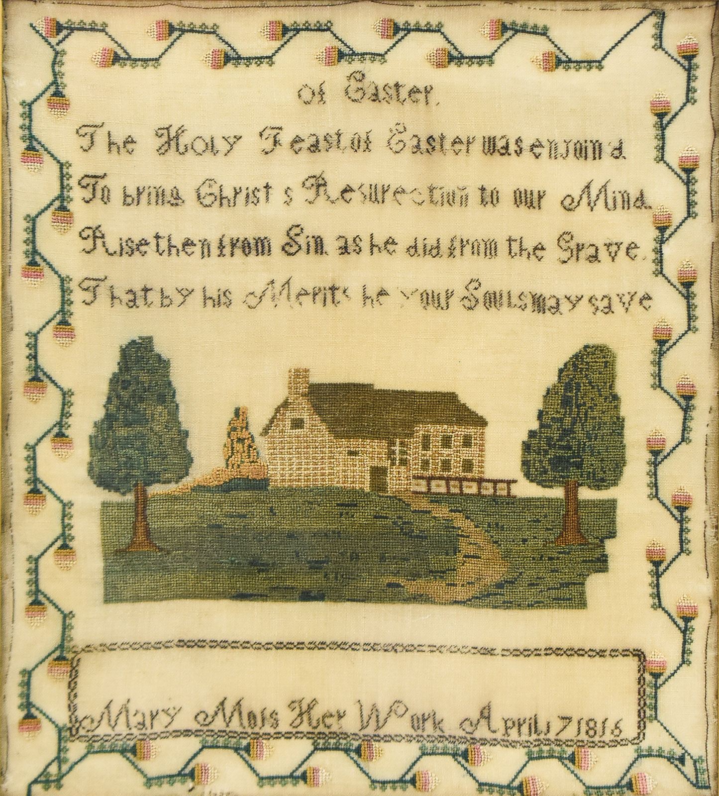 1816 SCHOOLGIRL PICTORIAL NEEDLEWORK SAMPLER WITH EASTER POEM