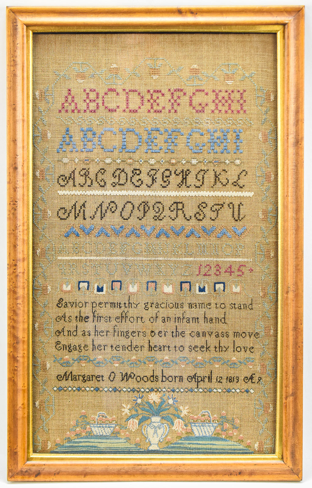 1828 SCHOOLGIRL LINEN NEEDLEPOINT ALPHABET SAMPLER