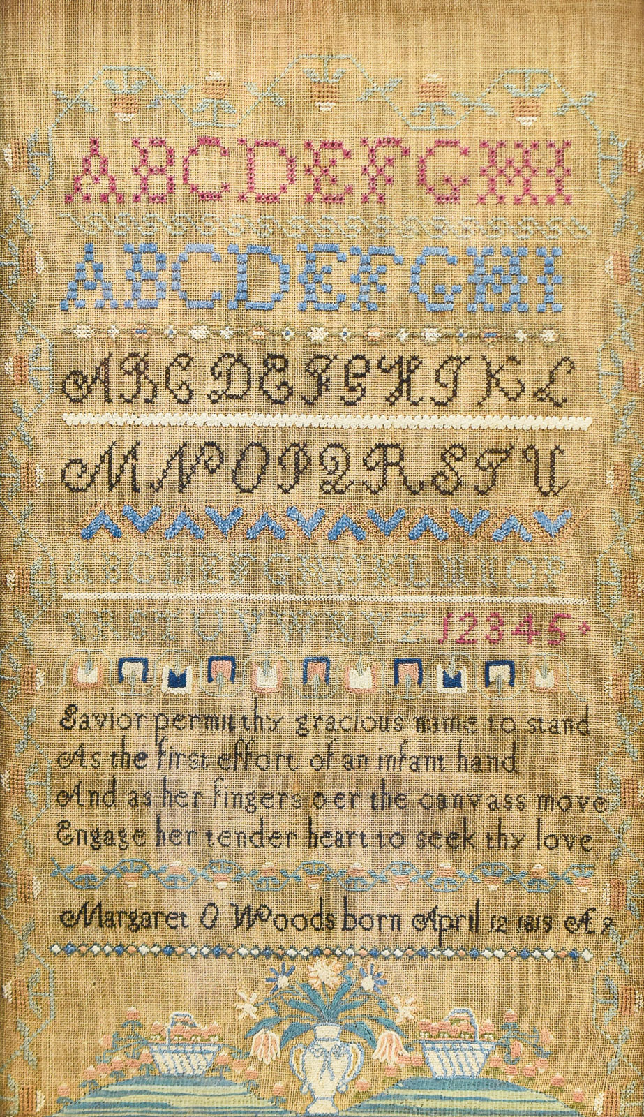 1828 SCHOOLGIRL LINEN NEEDLEPOINT ALPHABET SAMPLER