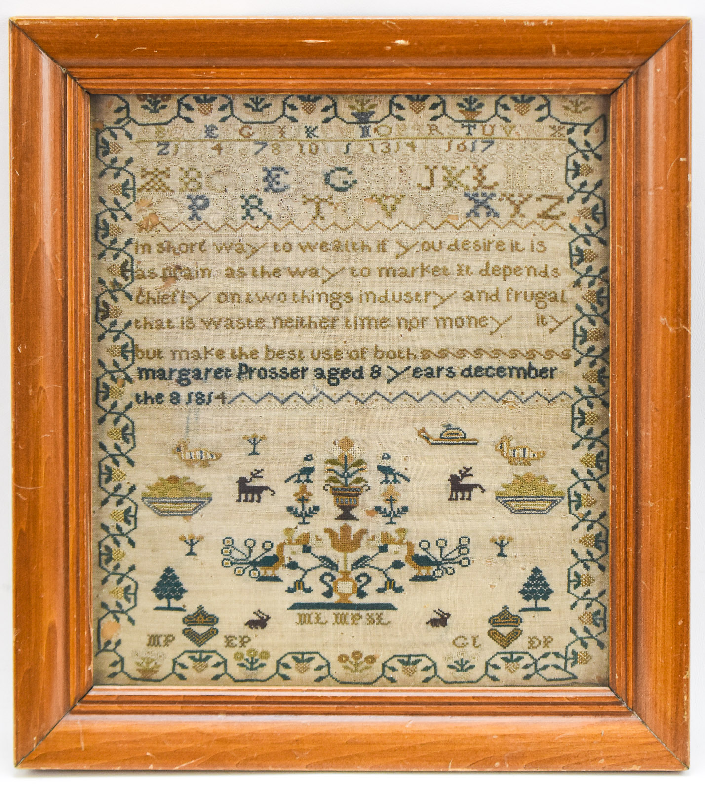 1814 LATE GEORGIAN STYLE SCHOOLGIRL NEEDLEWORK PICTORIAL SAMPLER