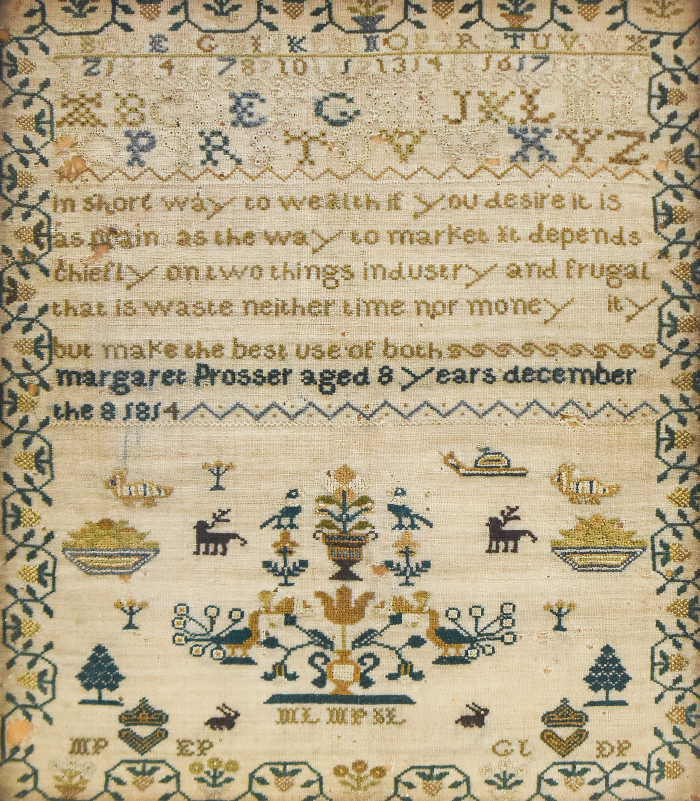 1814 LATE GEORGIAN STYLE SCHOOLGIRL NEEDLEWORK PICTORIAL SAMPLER