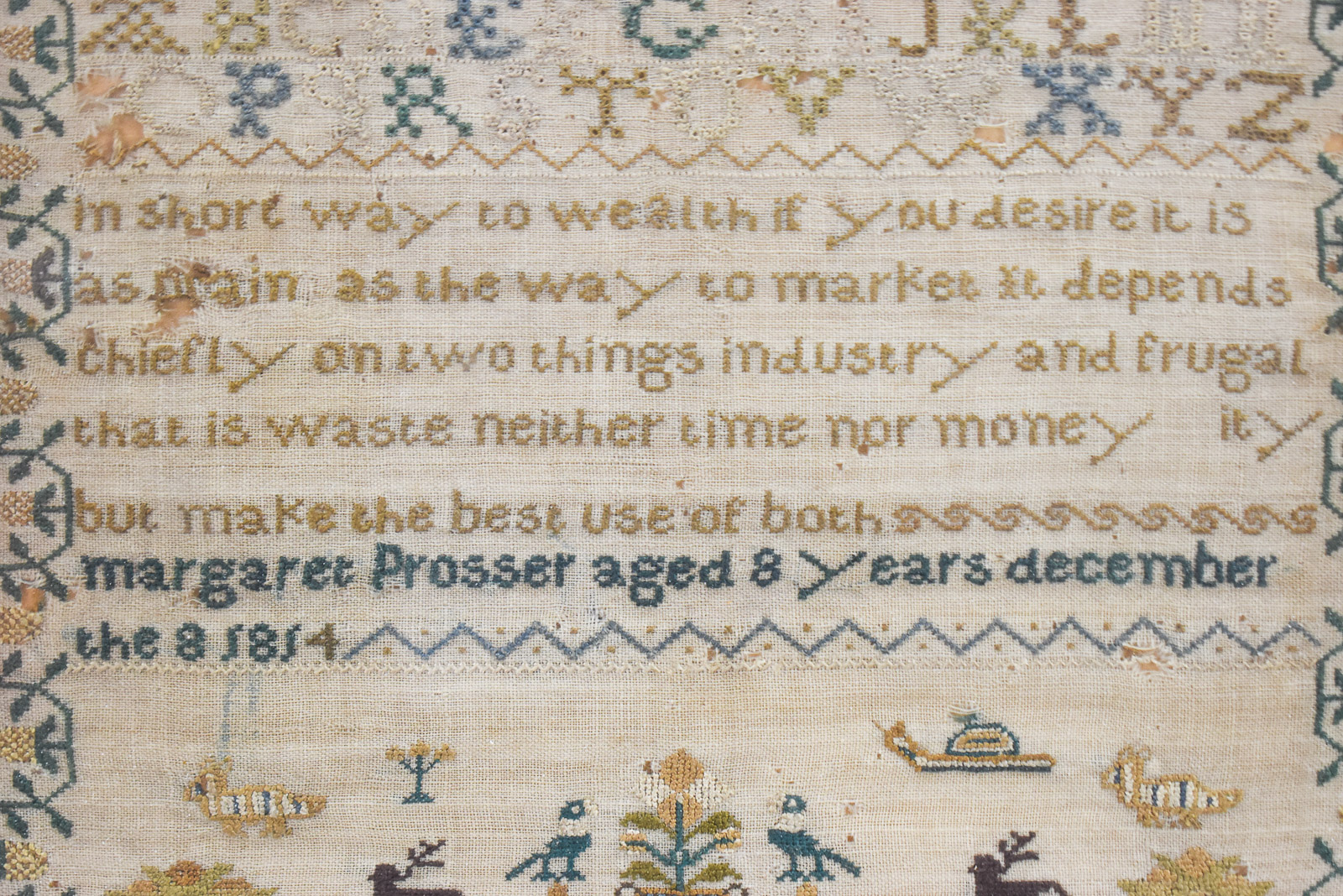 1814 LATE GEORGIAN STYLE SCHOOLGIRL NEEDLEWORK PICTORIAL SAMPLER