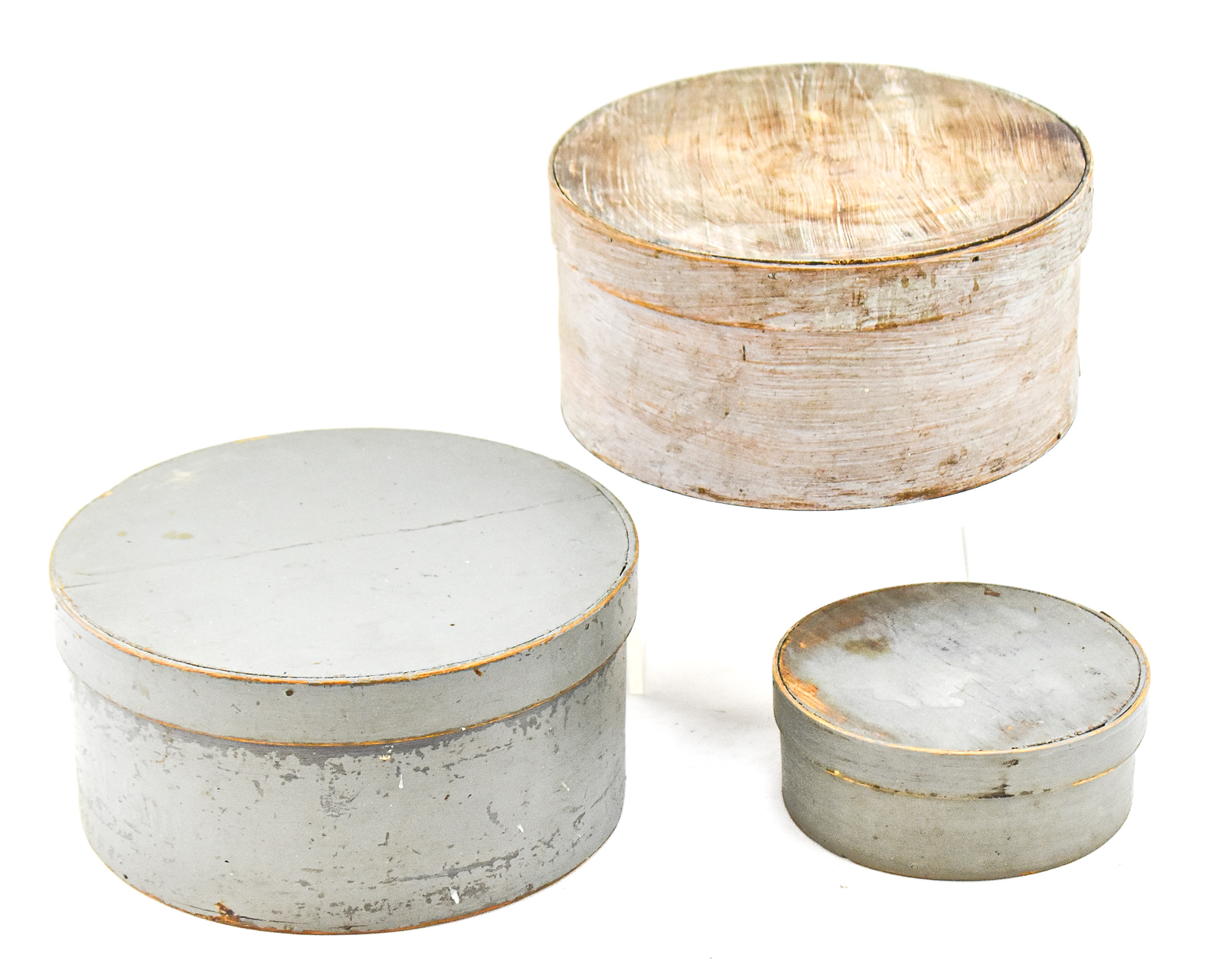 THREE GREY MILK-PAINTED BENTWOOD PANTRY BOXES