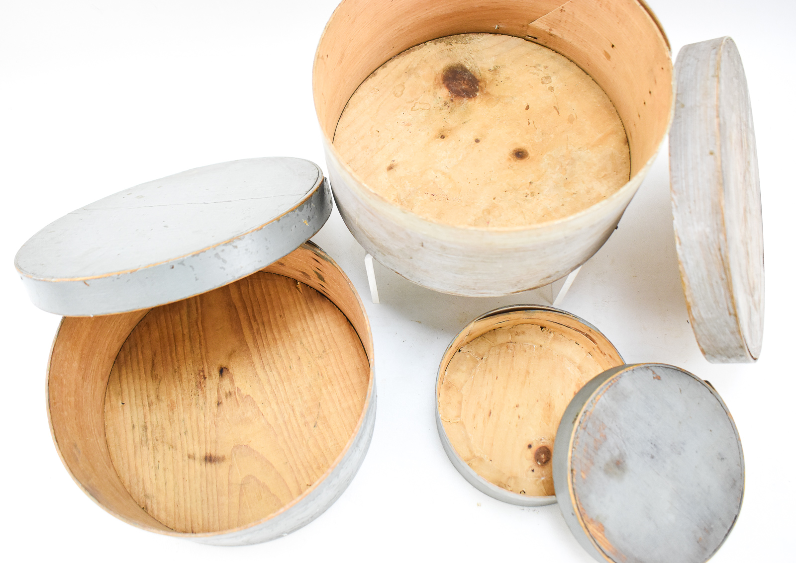 THREE GREY MILK-PAINTED BENTWOOD PANTRY BOXES