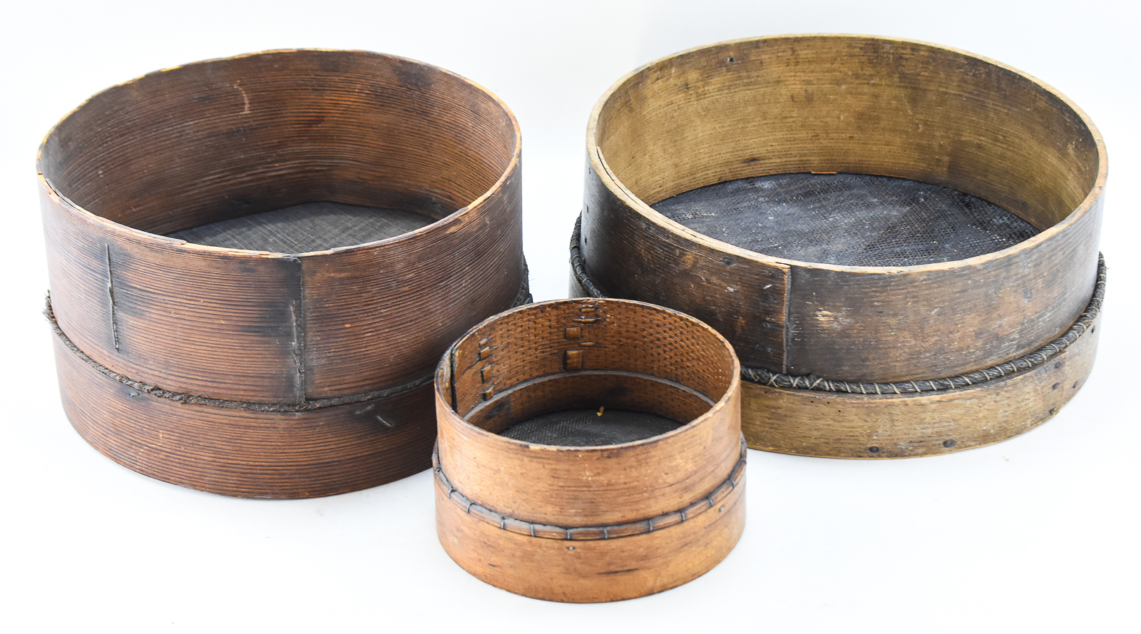 THREE BENTWOOD GRAIN SIEVES; C. LATE 19TH CENTURY