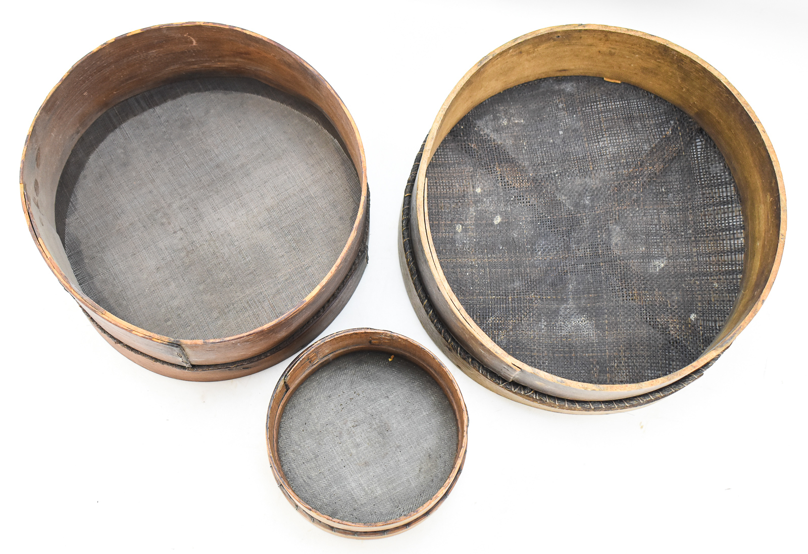 THREE BENTWOOD GRAIN SIEVES; C. LATE 19TH CENTURY