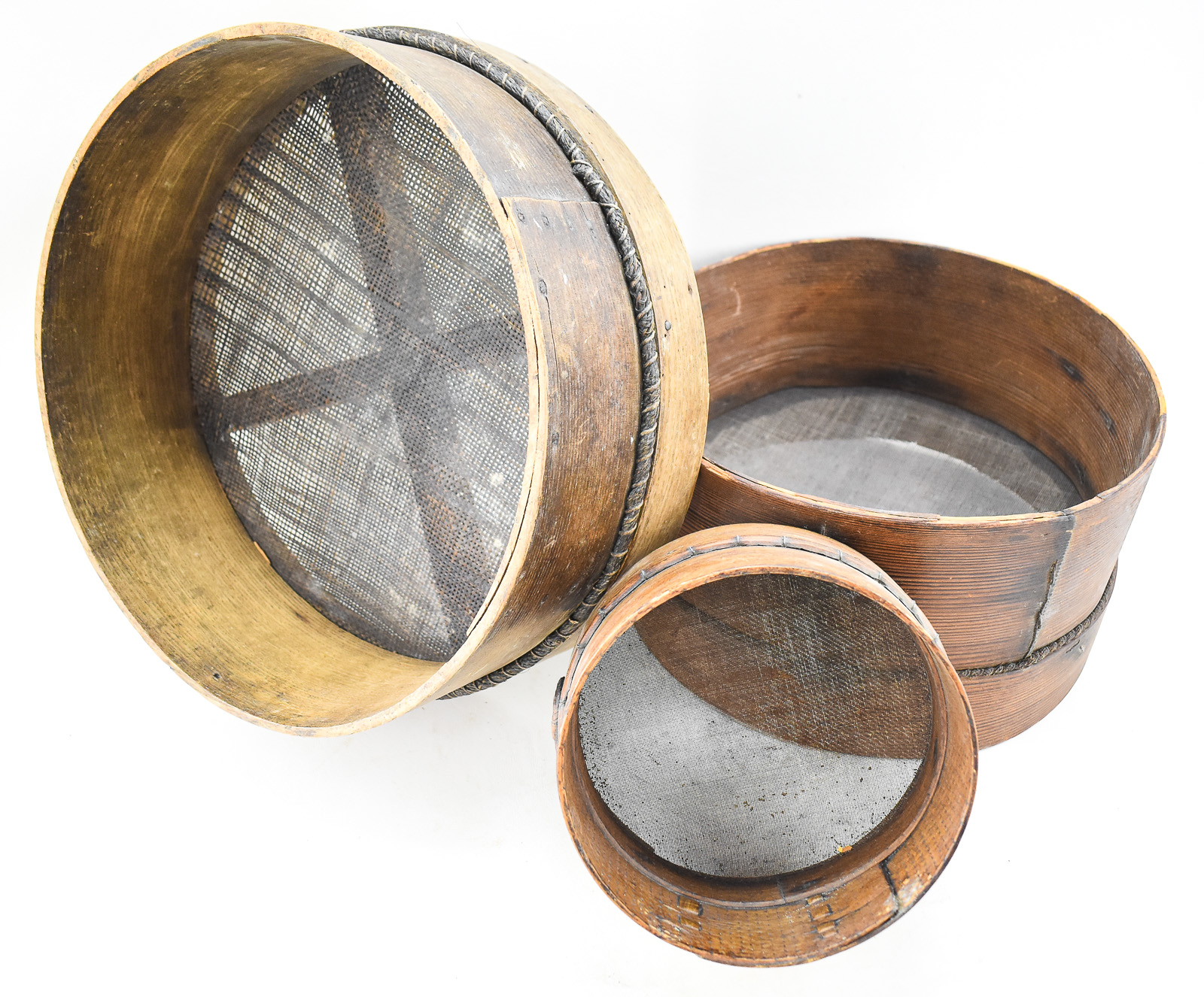THREE BENTWOOD GRAIN SIEVES; C. LATE 19TH CENTURY