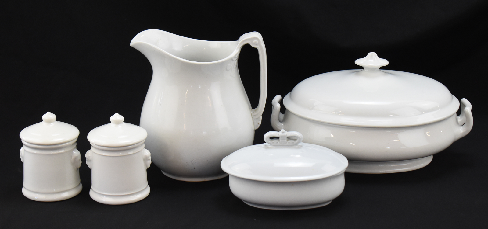 IRONSTONE SERVEWARE ASSORTMENT: PITCHER, CONDIMENT JARS, AND MORE
