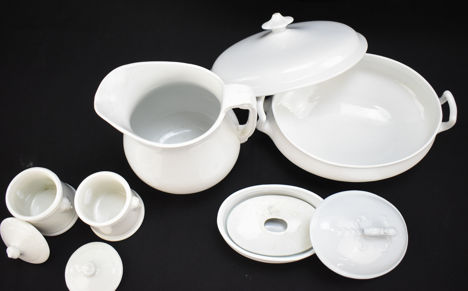 IRONSTONE SERVEWARE ASSORTMENT: PITCHER, CONDIMENT JARS, AND MORE