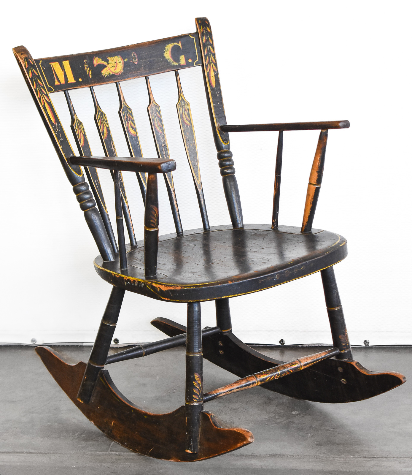 NEW ENGLAND FOLK ART HAND-PAINTED 'BOSTON' STYLE ARROW-BACK ROCKING CHAIR