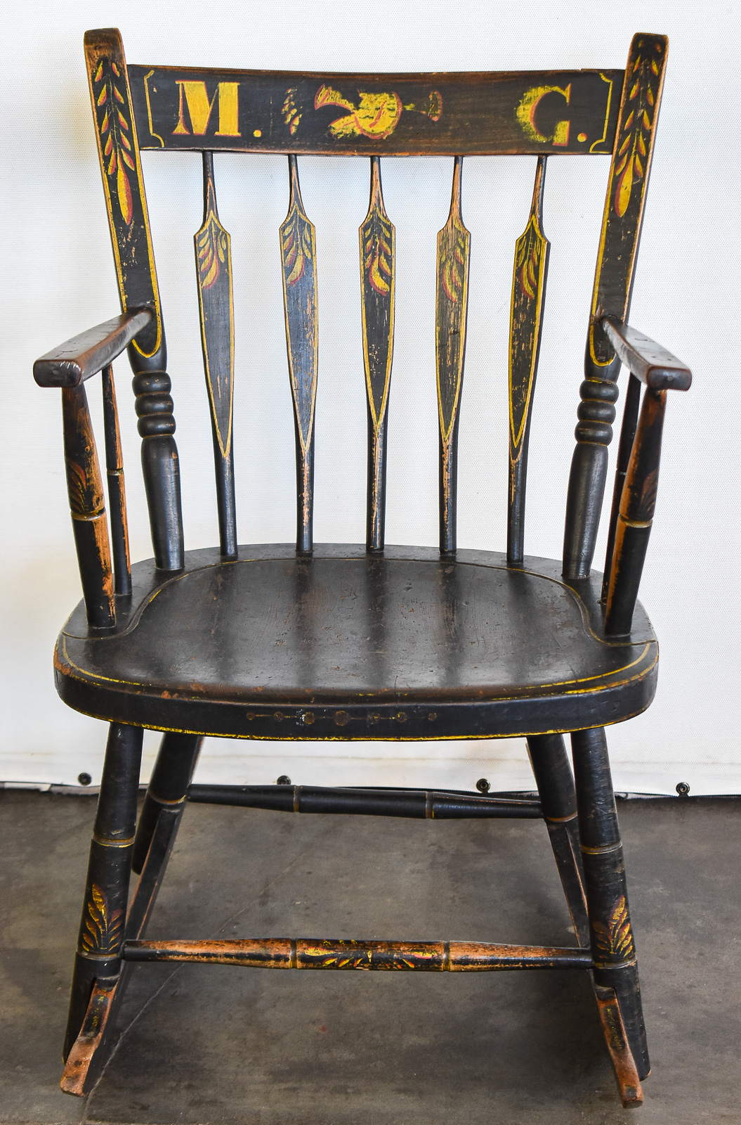 NEW ENGLAND FOLK ART HAND-PAINTED 'BOSTON' STYLE ARROW-BACK ROCKING CHAIR