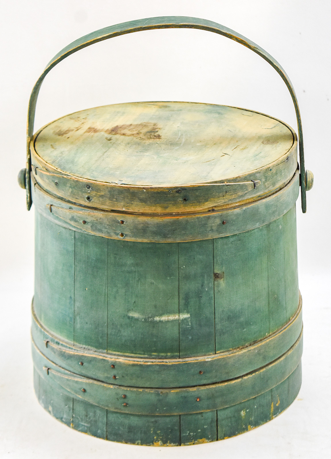 FADED GREEN WOODEN SUGAR BUCKET FIRKIN
