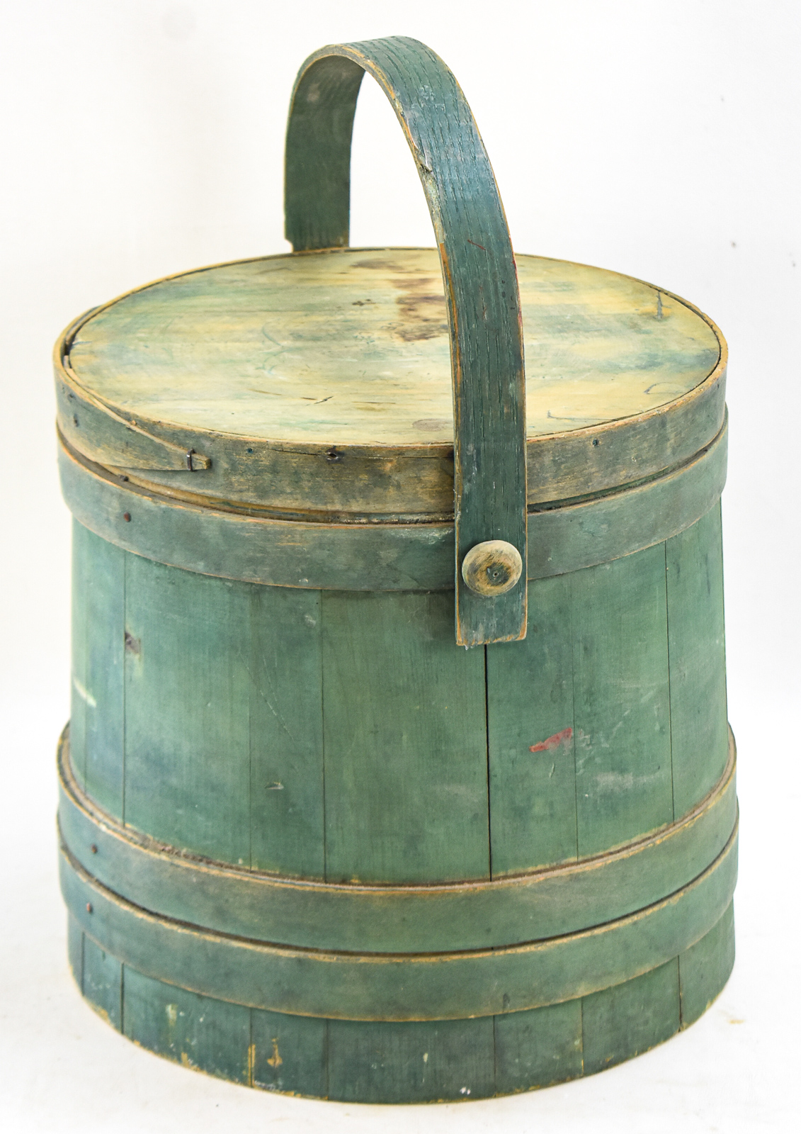 FADED GREEN WOODEN SUGAR BUCKET FIRKIN