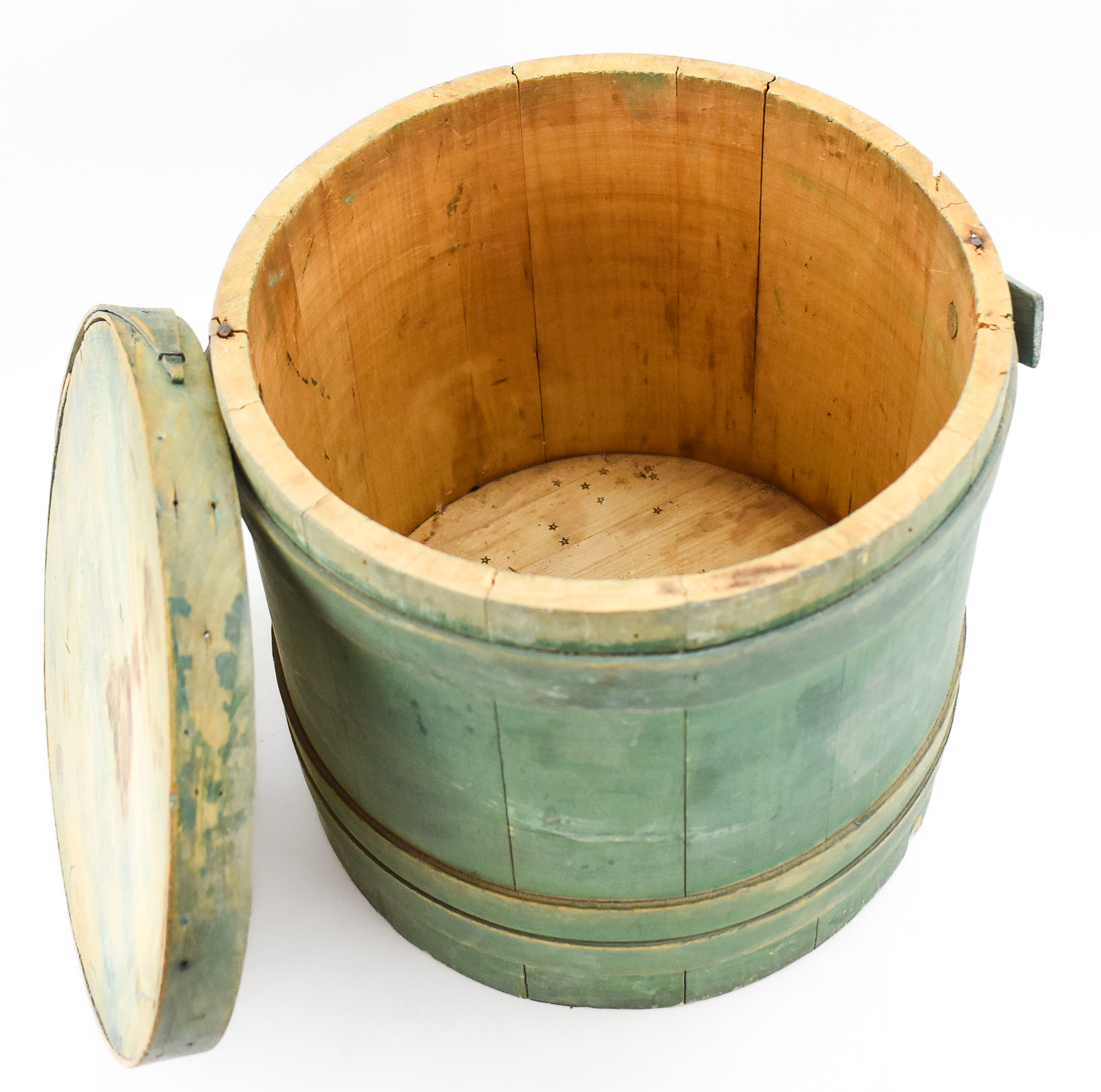 FADED GREEN WOODEN SUGAR BUCKET FIRKIN
