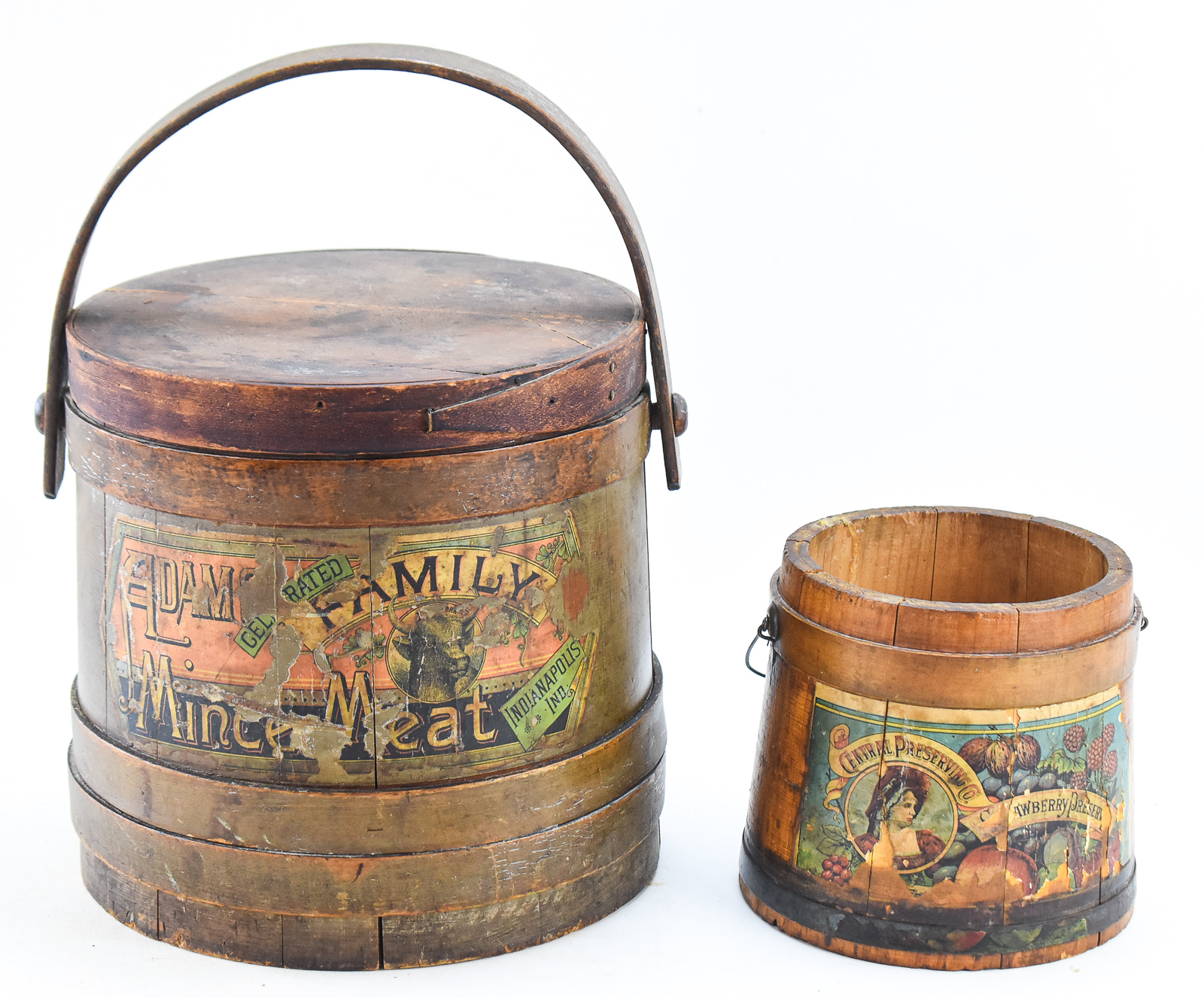 CENTRAL PRESERVING CO. STRAWBERRY PRESEVERS AND ADAM'S FAMILY MINCE MEAT WOODEN FIRKINS