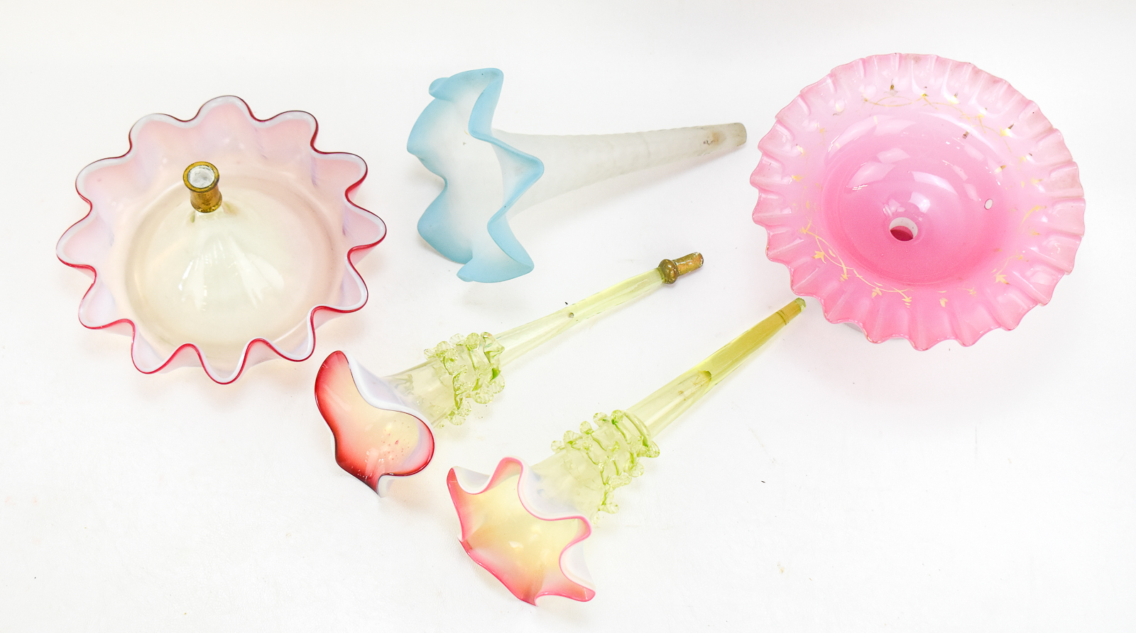 VICTORIAN ART GLASS EPERGNE BASES AND TRUMPET VASES