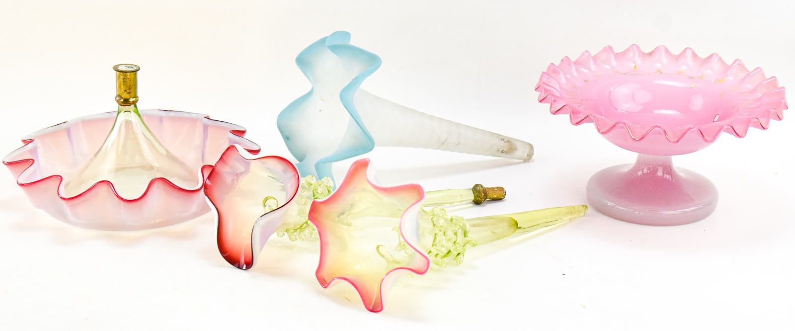 VICTORIAN ART GLASS EPERGNE BASES AND TRUMPET VASES