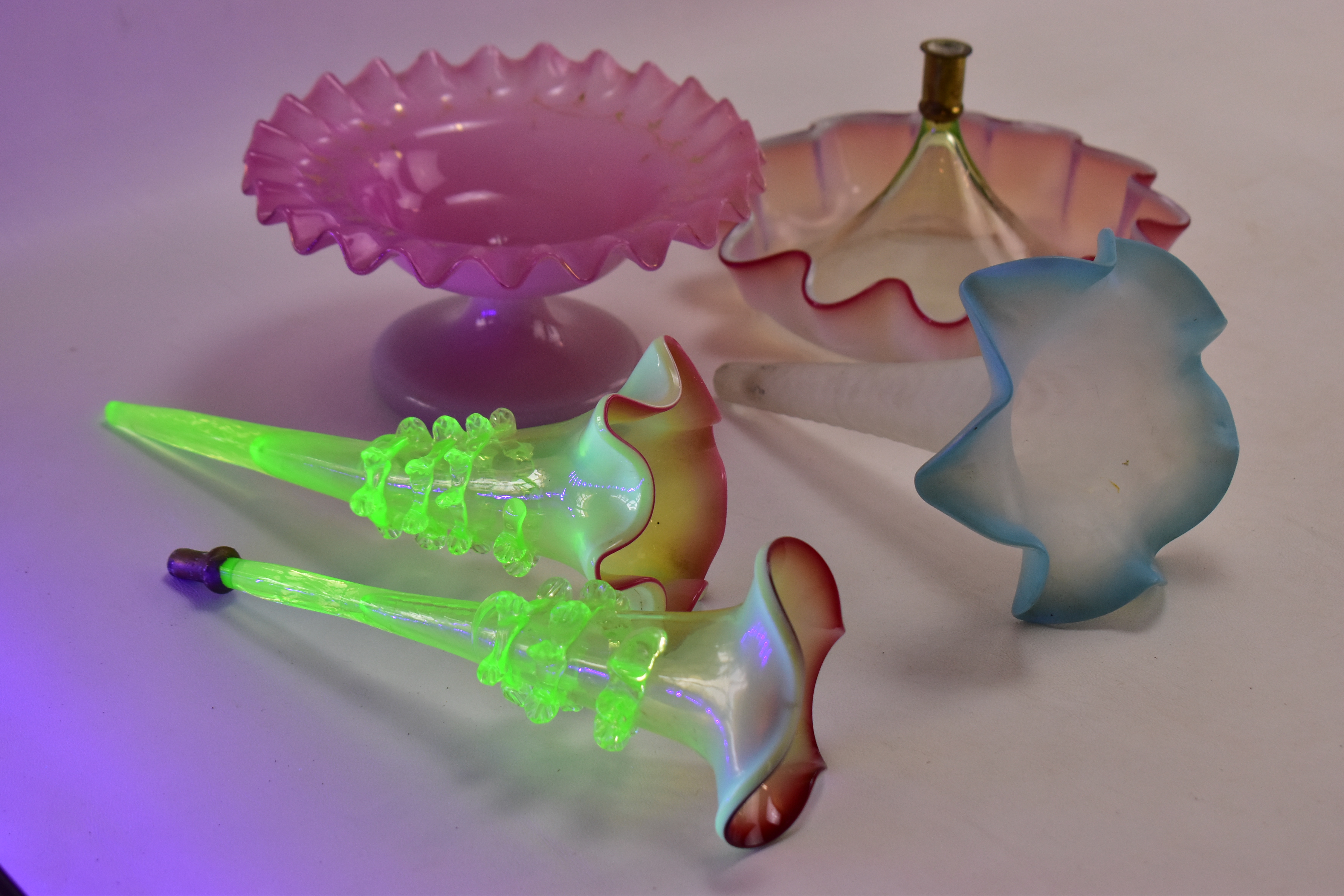 VICTORIAN ART GLASS EPERGNE BASES AND TRUMPET VASES