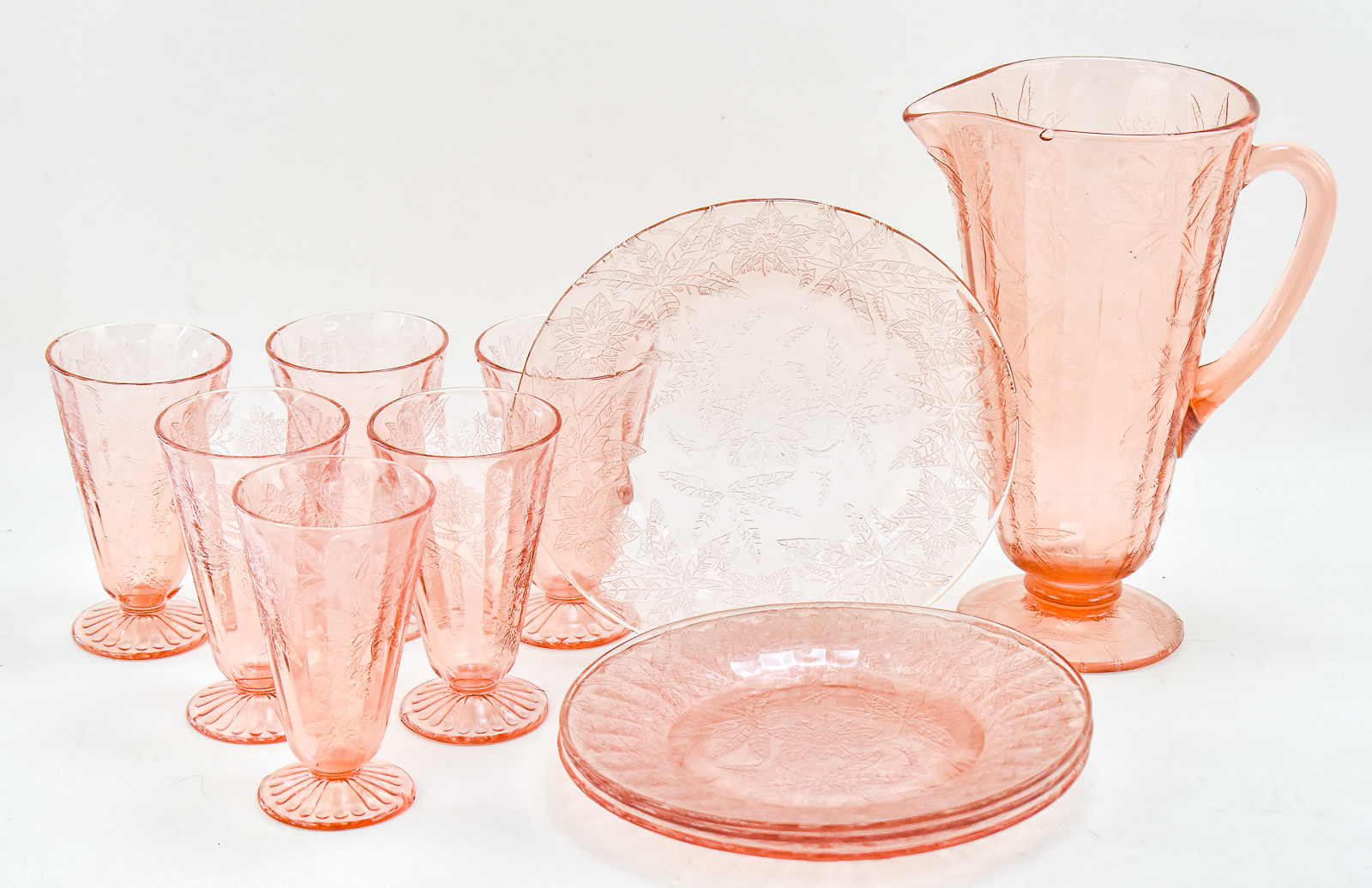 "PINK POINSETTIA" PATTERN GLASSWARE, JEANETTE GLASS COMPANY