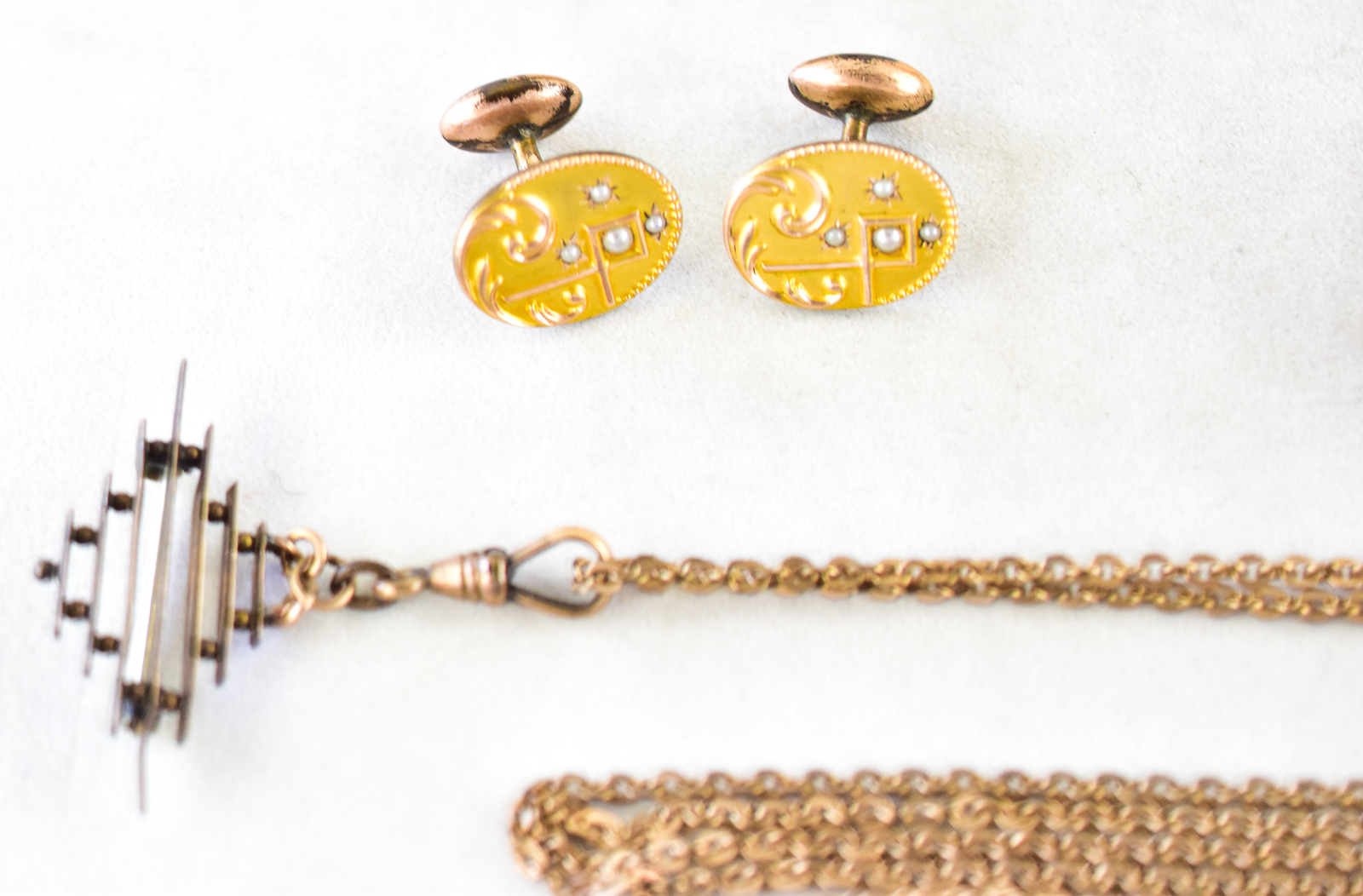 THREE GOLD-PLATED POCKET WATCHES & ACCESSORIES: HAMPDEN, WALTHAM, A. RACINE