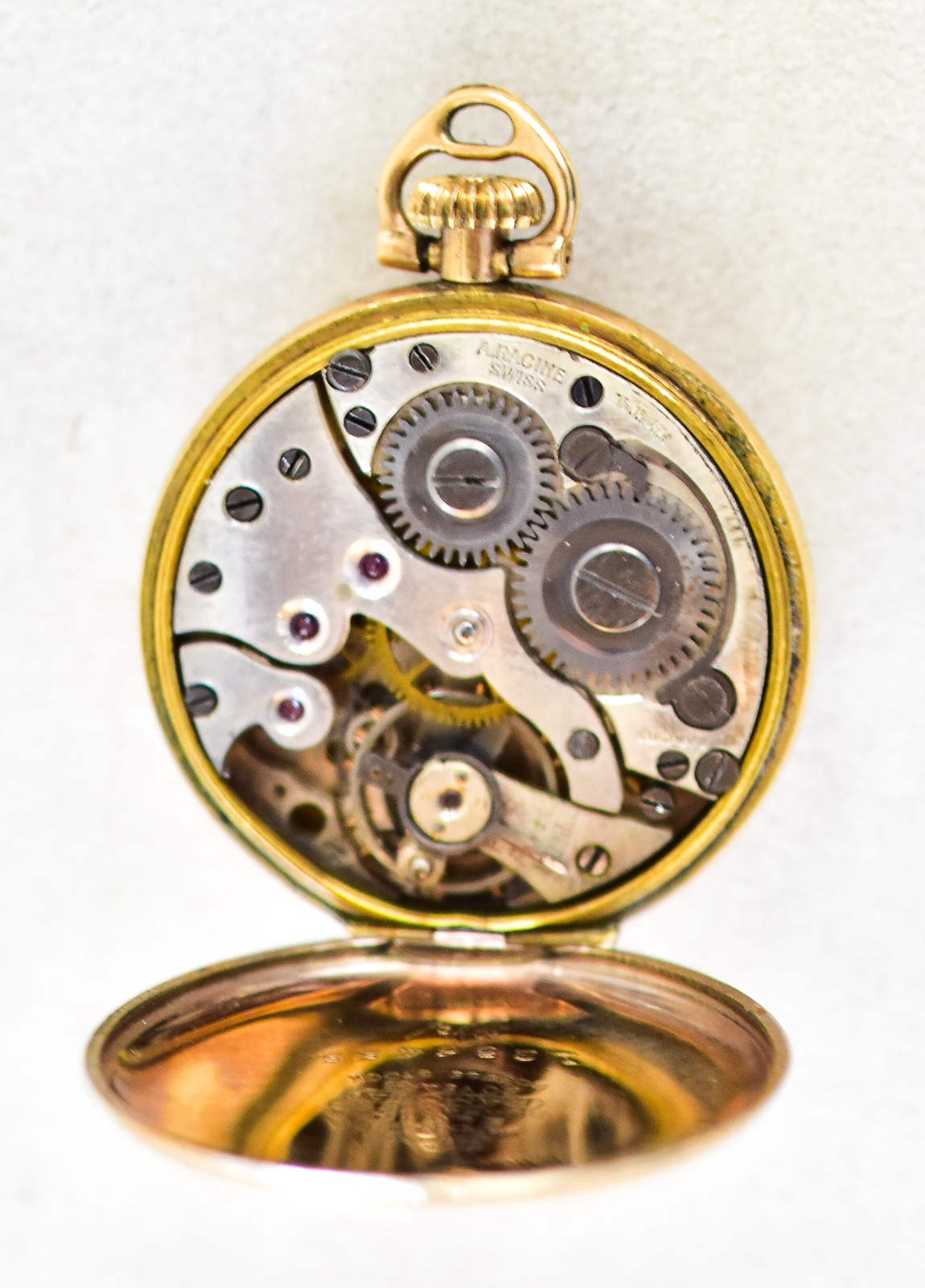 THREE GOLD-PLATED POCKET WATCHES & ACCESSORIES: HAMPDEN, WALTHAM, A. RACINE
