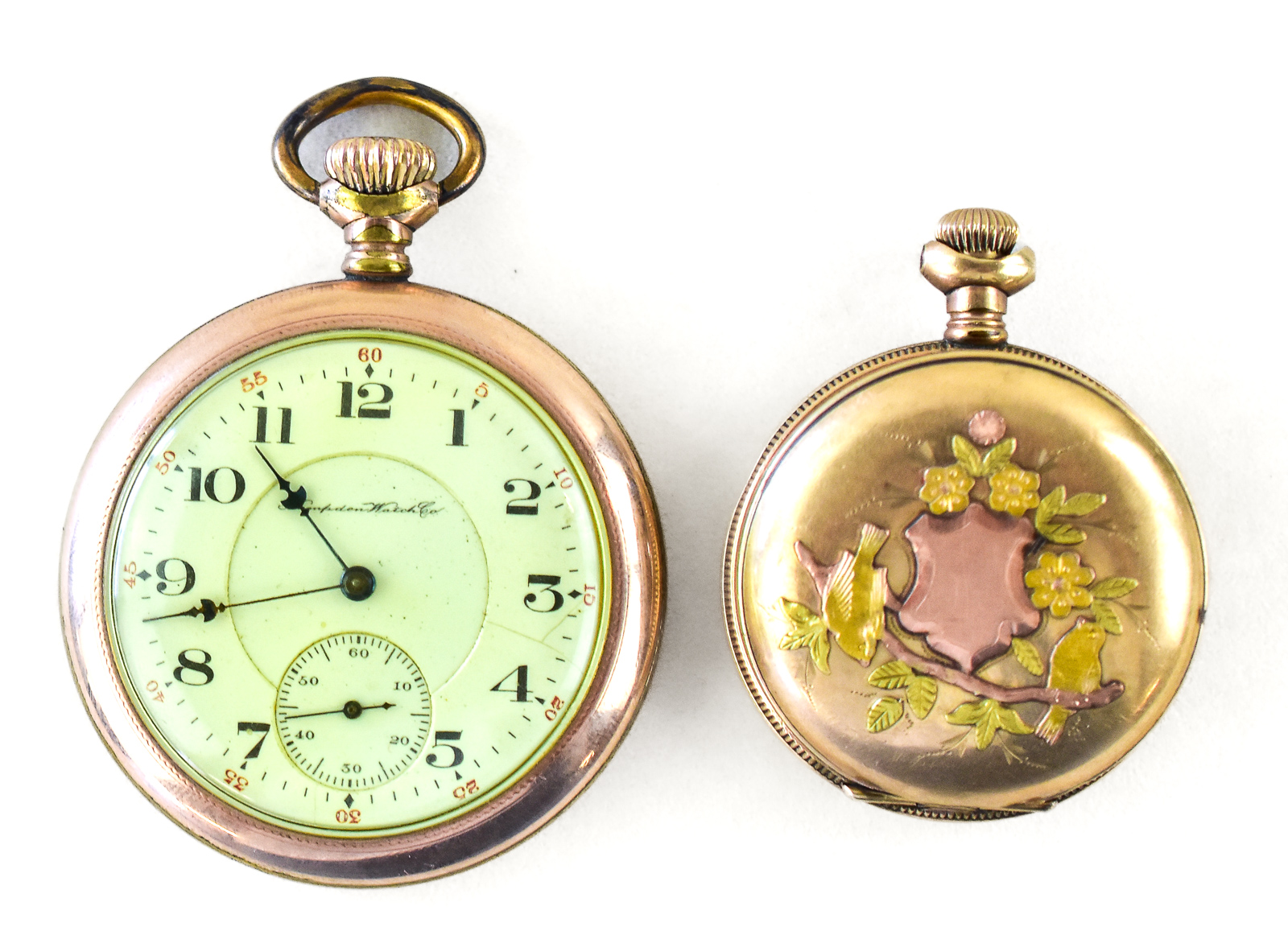 THREE GOLD-PLATED POCKET WATCHES & ACCESSORIES: HAMPDEN, WALTHAM, A. RACINE