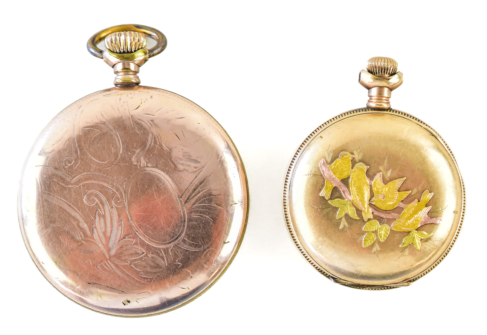 THREE GOLD-PLATED POCKET WATCHES & ACCESSORIES: HAMPDEN, WALTHAM, A. RACINE
