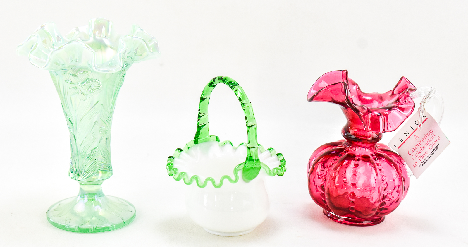 FENTON GLASS ASSORTED TRIO: VASE, PITCHER, BASKET
