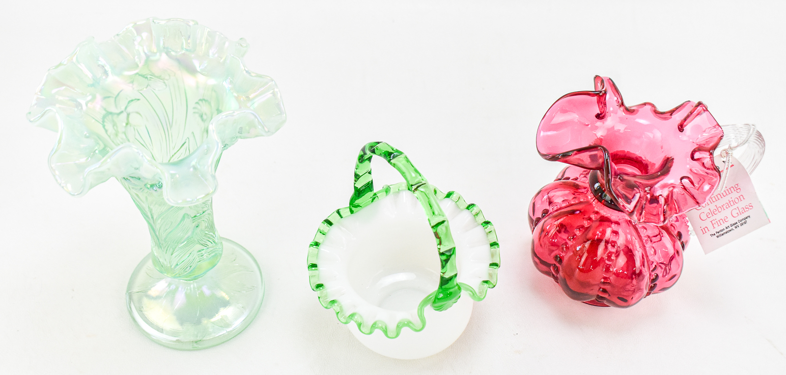 FENTON GLASS ASSORTED TRIO: VASE, PITCHER, BASKET