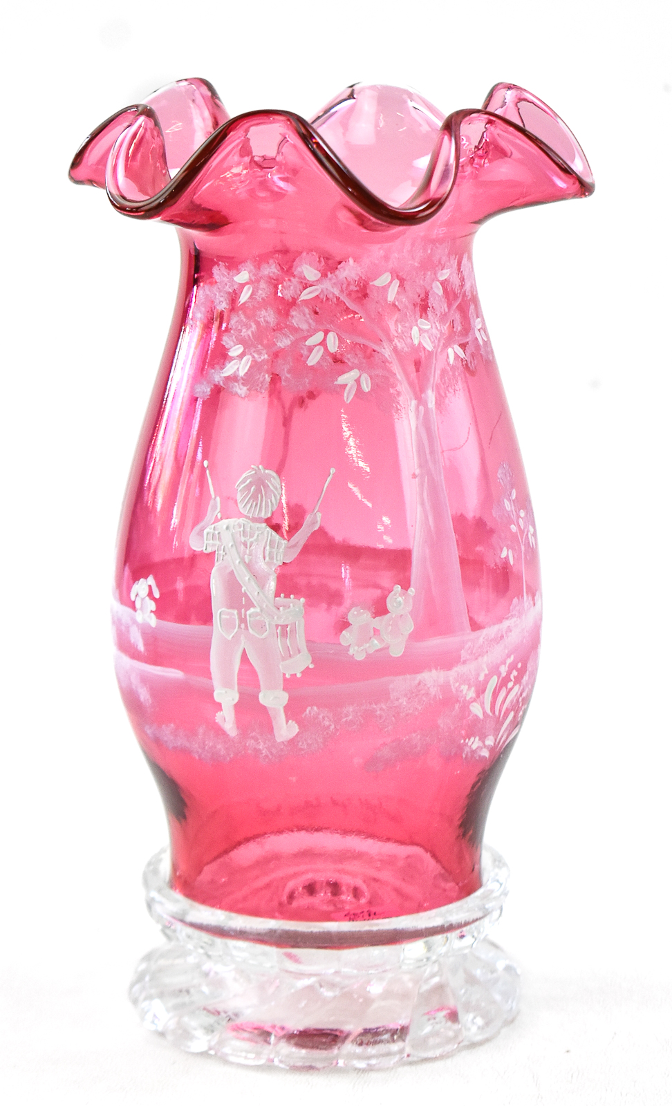 FENTON MARY GREGORY ART GLASS VASE; LITTLE DRUMMER BOY