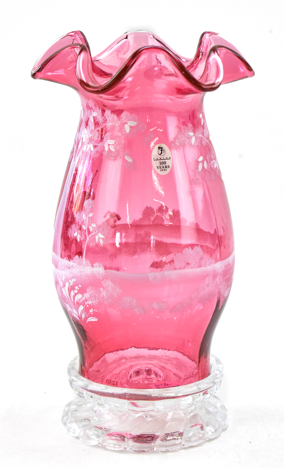 FENTON MARY GREGORY ART GLASS VASE; LITTLE DRUMMER BOY
