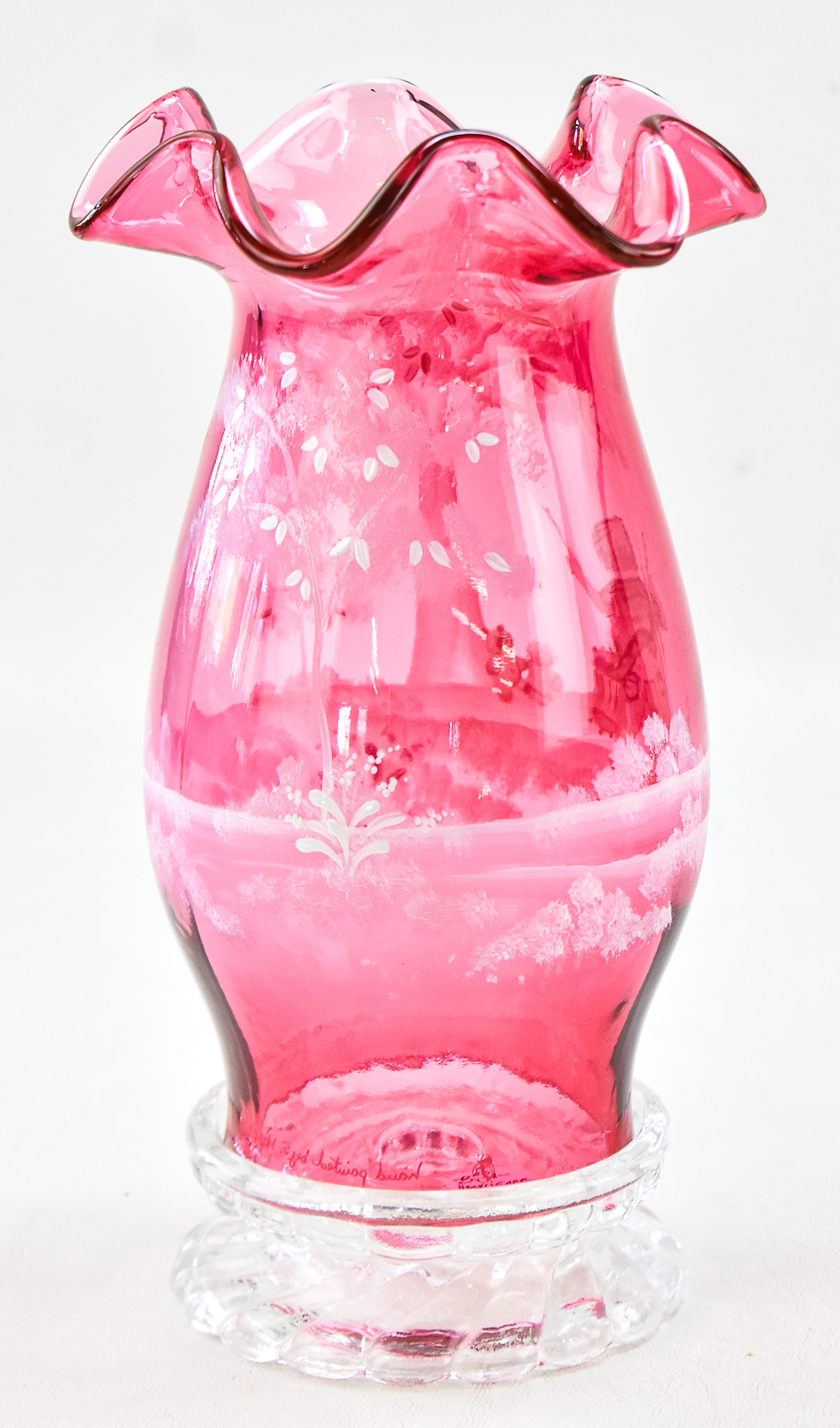 FENTON MARY GREGORY ART GLASS VASE; LITTLE DRUMMER BOY