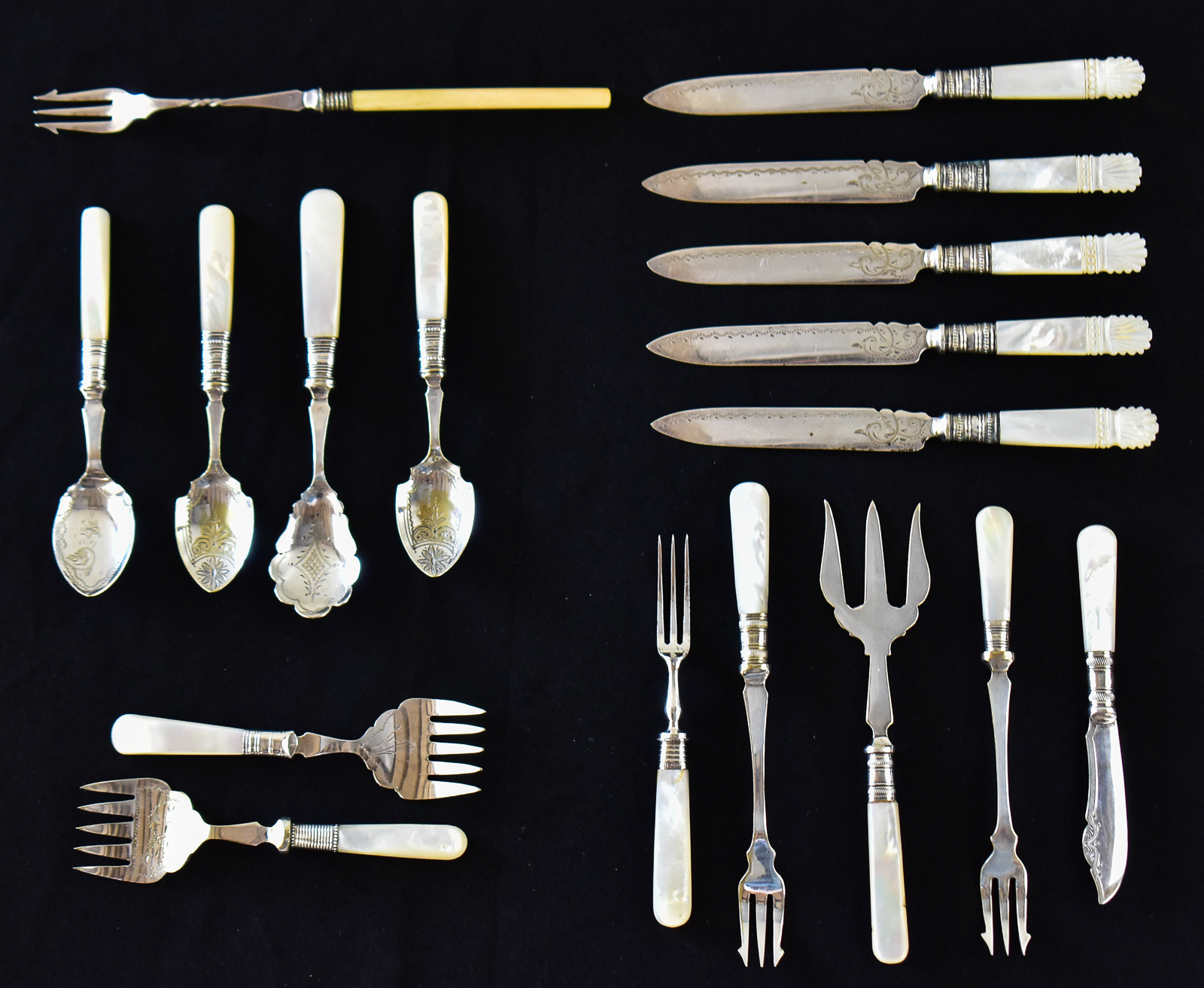 ASSORTED SILVER-PLATED FLATWARE W/ MOTHER OF PEARL HANDLES