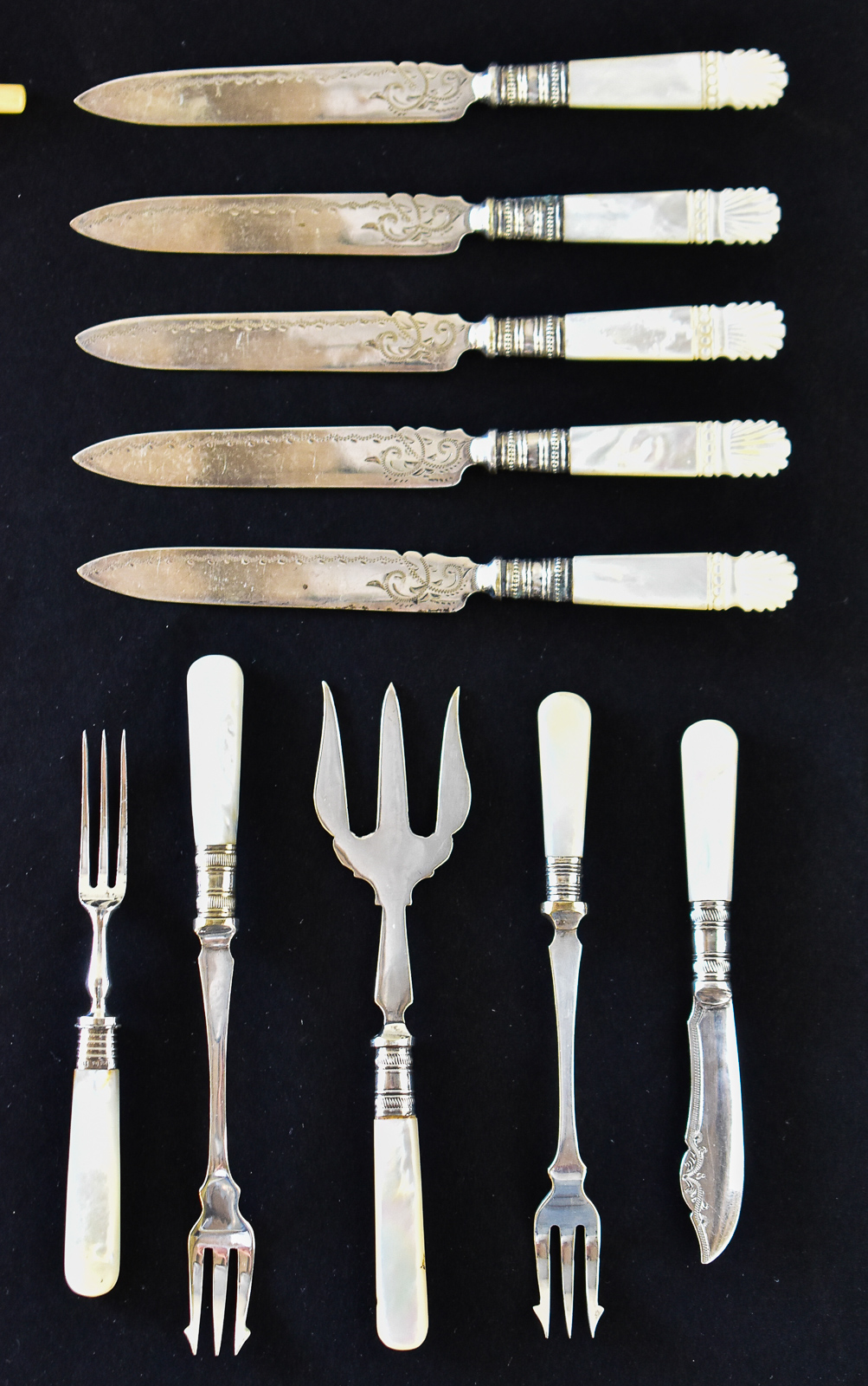 ASSORTED SILVER-PLATED FLATWARE W/ MOTHER OF PEARL HANDLES