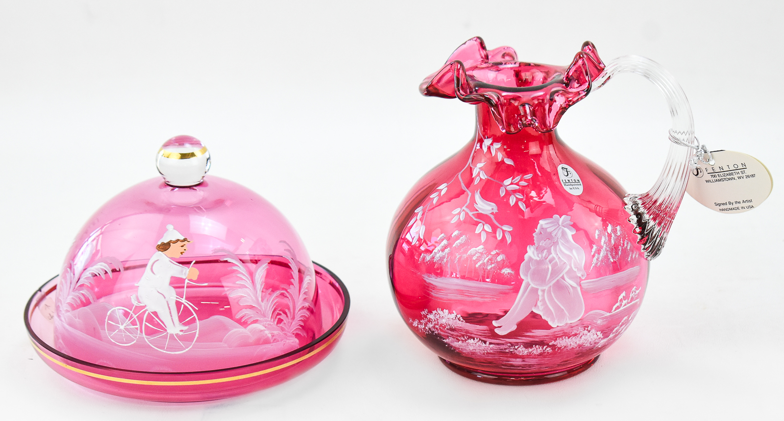 FENTON MARY GREGORY STYLE CRANBERRY PITCHER AND COVERED DISH