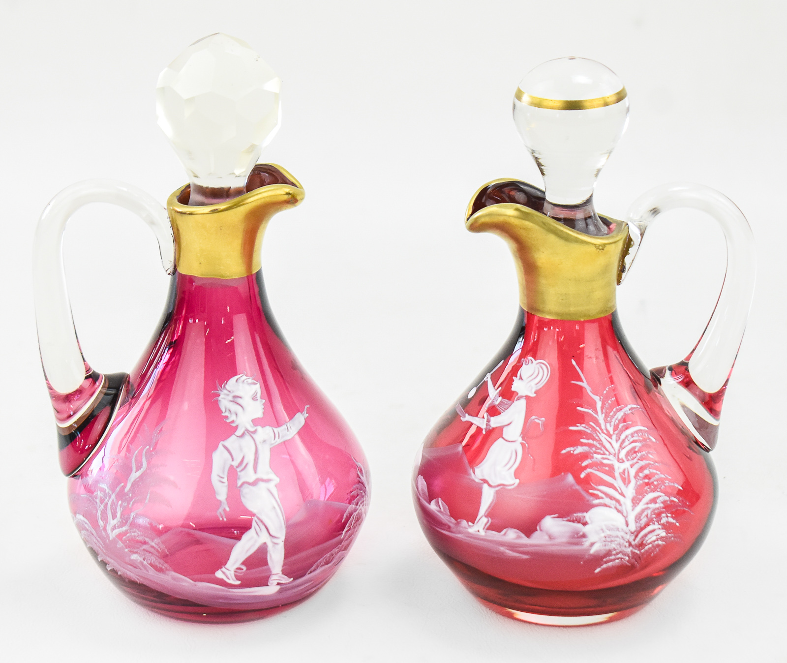 FENTON ART GLASS (ATTR.) MARY GREGORY STYLE CRANBERRY CRUETS