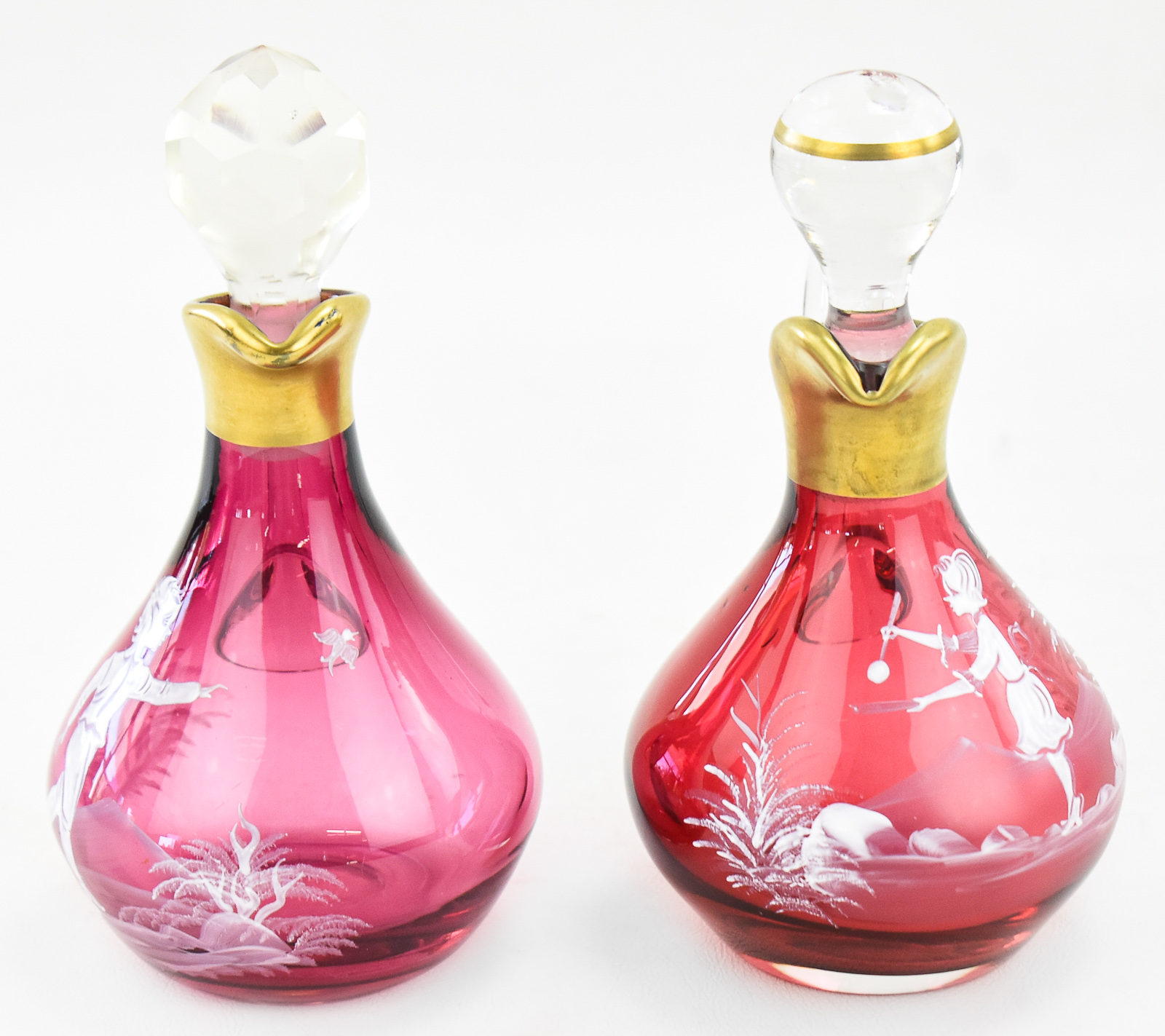FENTON ART GLASS (ATTR.) MARY GREGORY STYLE CRANBERRY CRUETS