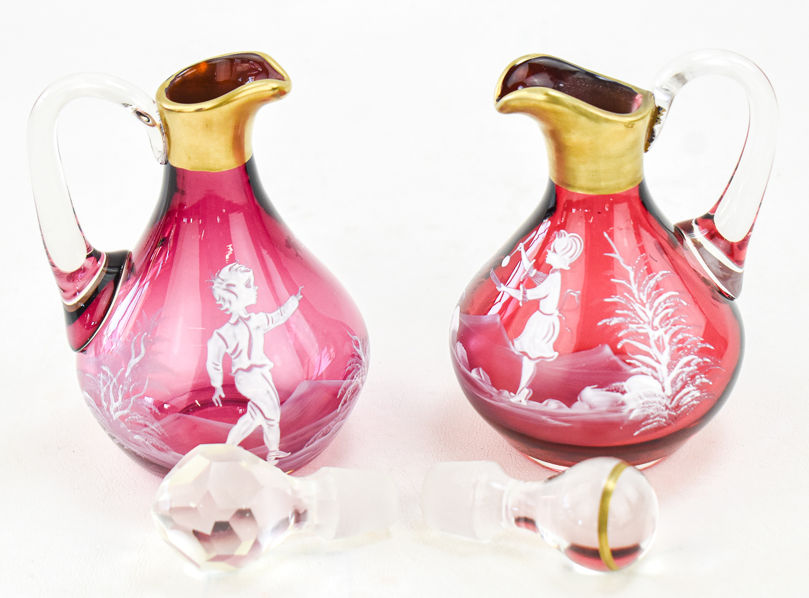 FENTON ART GLASS (ATTR.) MARY GREGORY STYLE CRANBERRY CRUETS