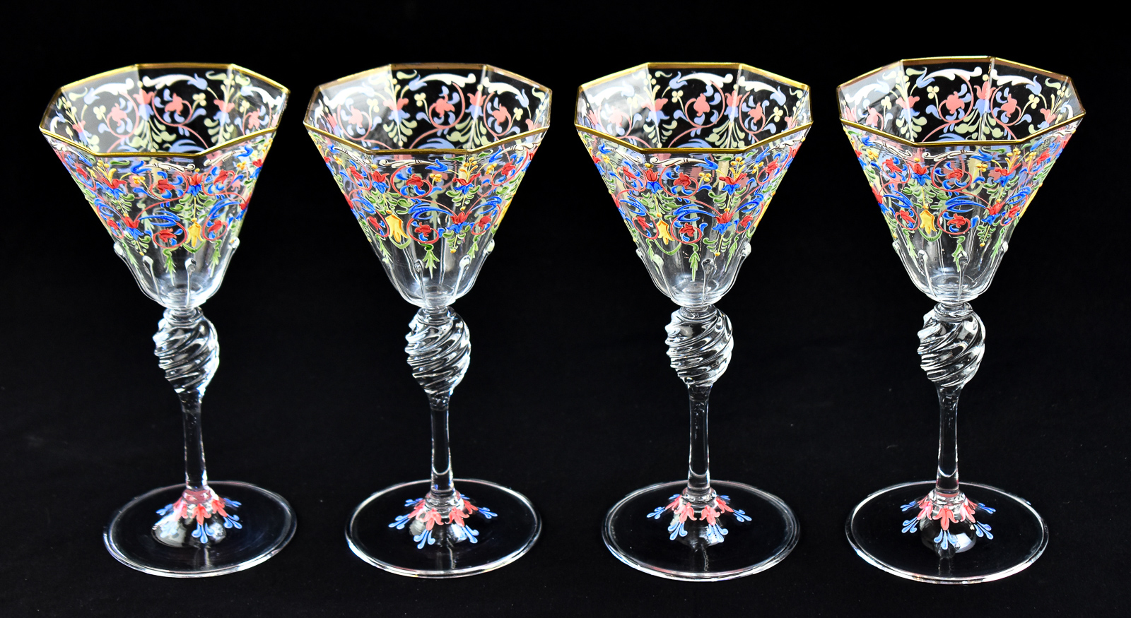 FOUR SALVIATI & MOSER VENETIAN GLASS GOBLETS