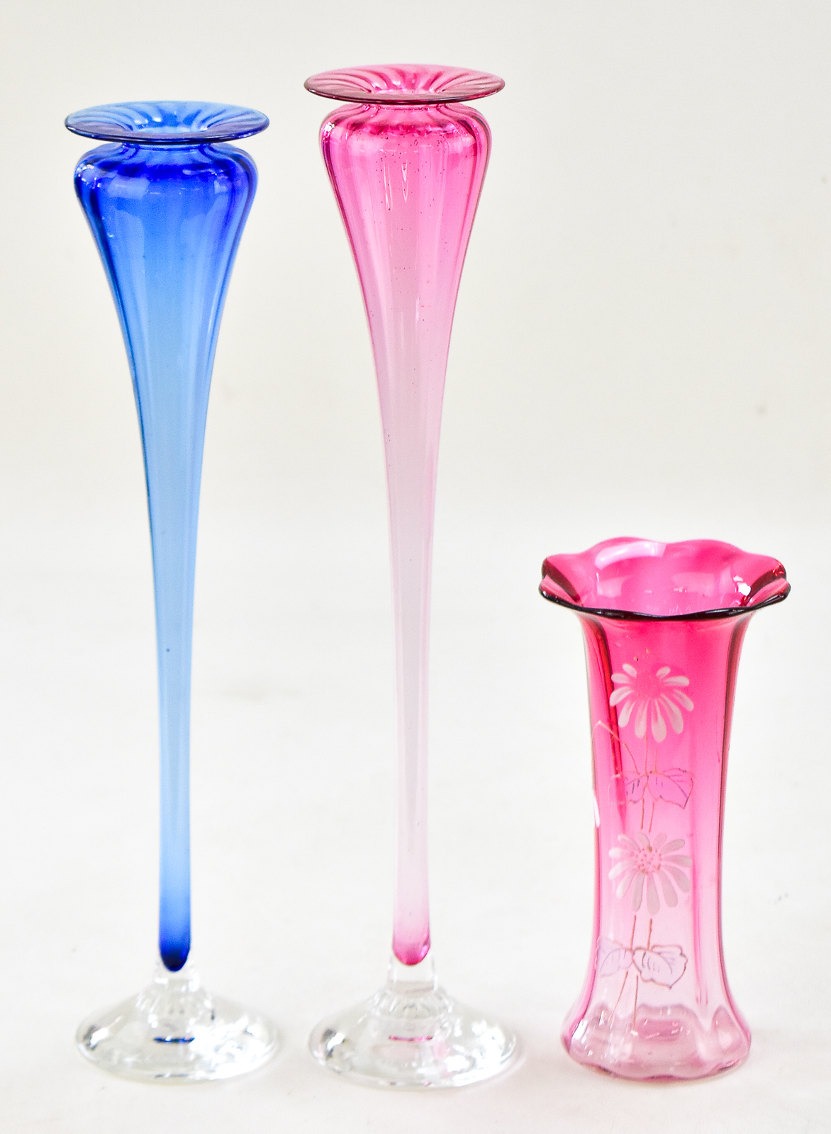 YOUNG AND CONSTANTIN TRUMPET BUD VASES & VICTORIAN CRANBERRY VASE